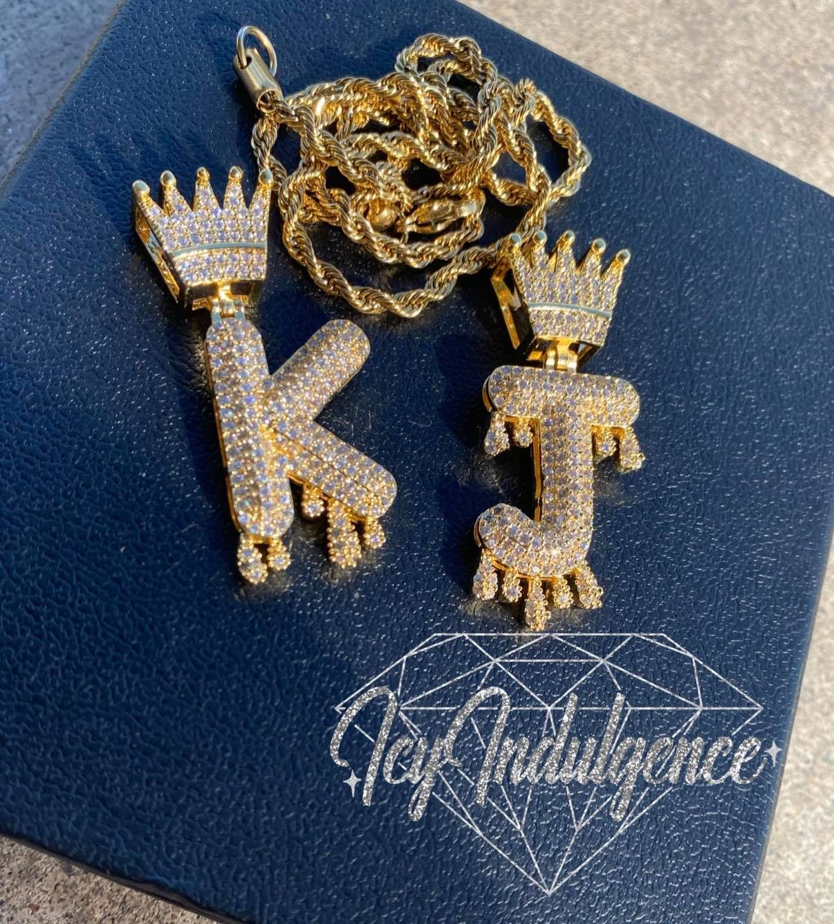 Custom Crown Icy Drip Initials Bubble Letter Pendant